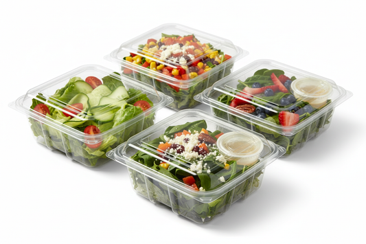 Clear Hinged Salad Containers (PET) with salad and with hinged 2-3