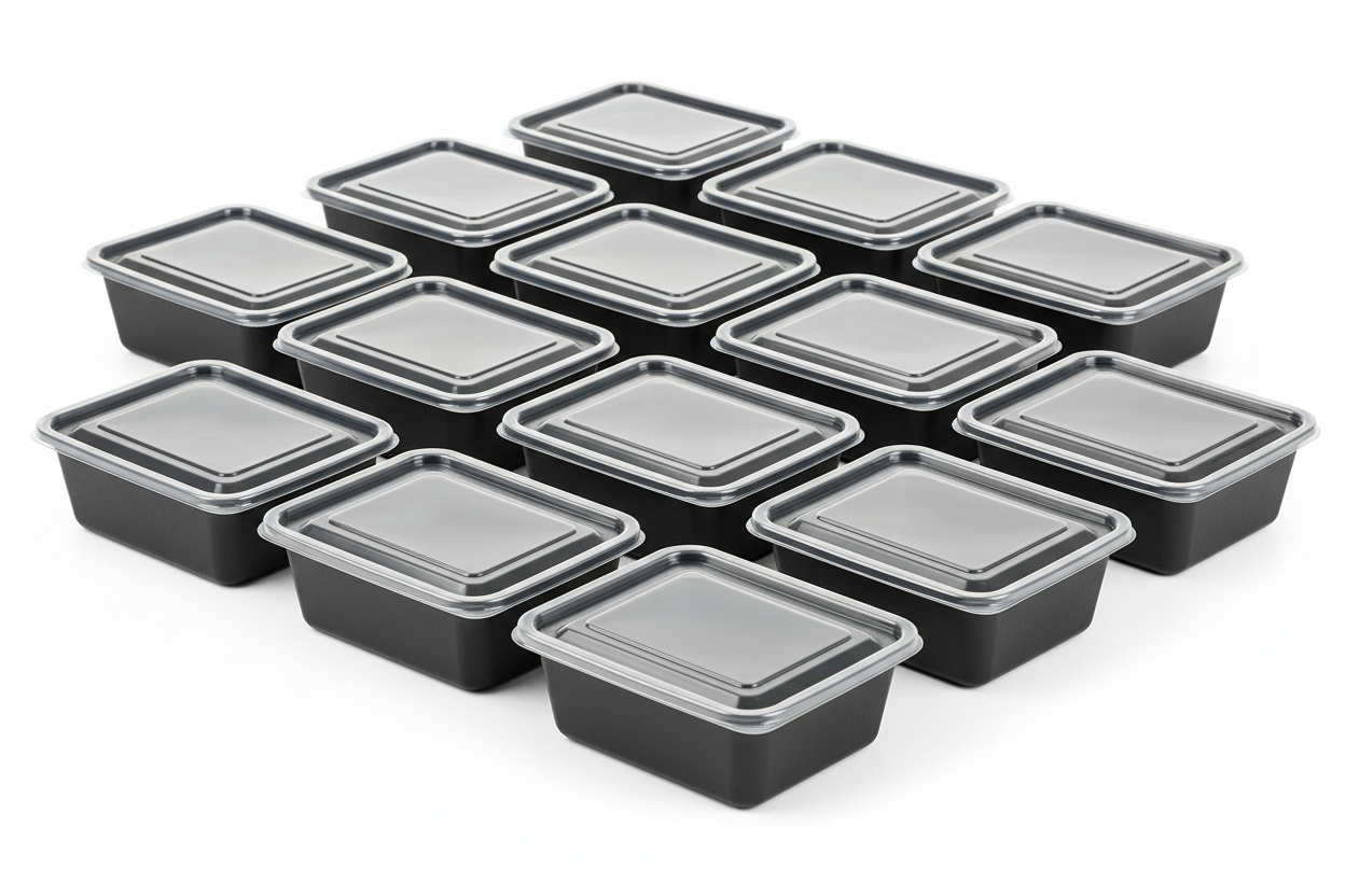 Heavy Duty Rectangular Black Base Containers plain for takeaway in studio background