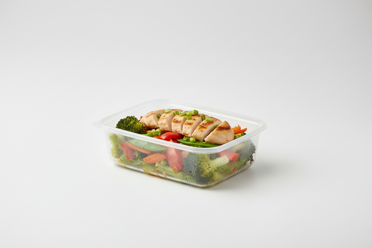 rectangular plastic food takeaway container in studio background