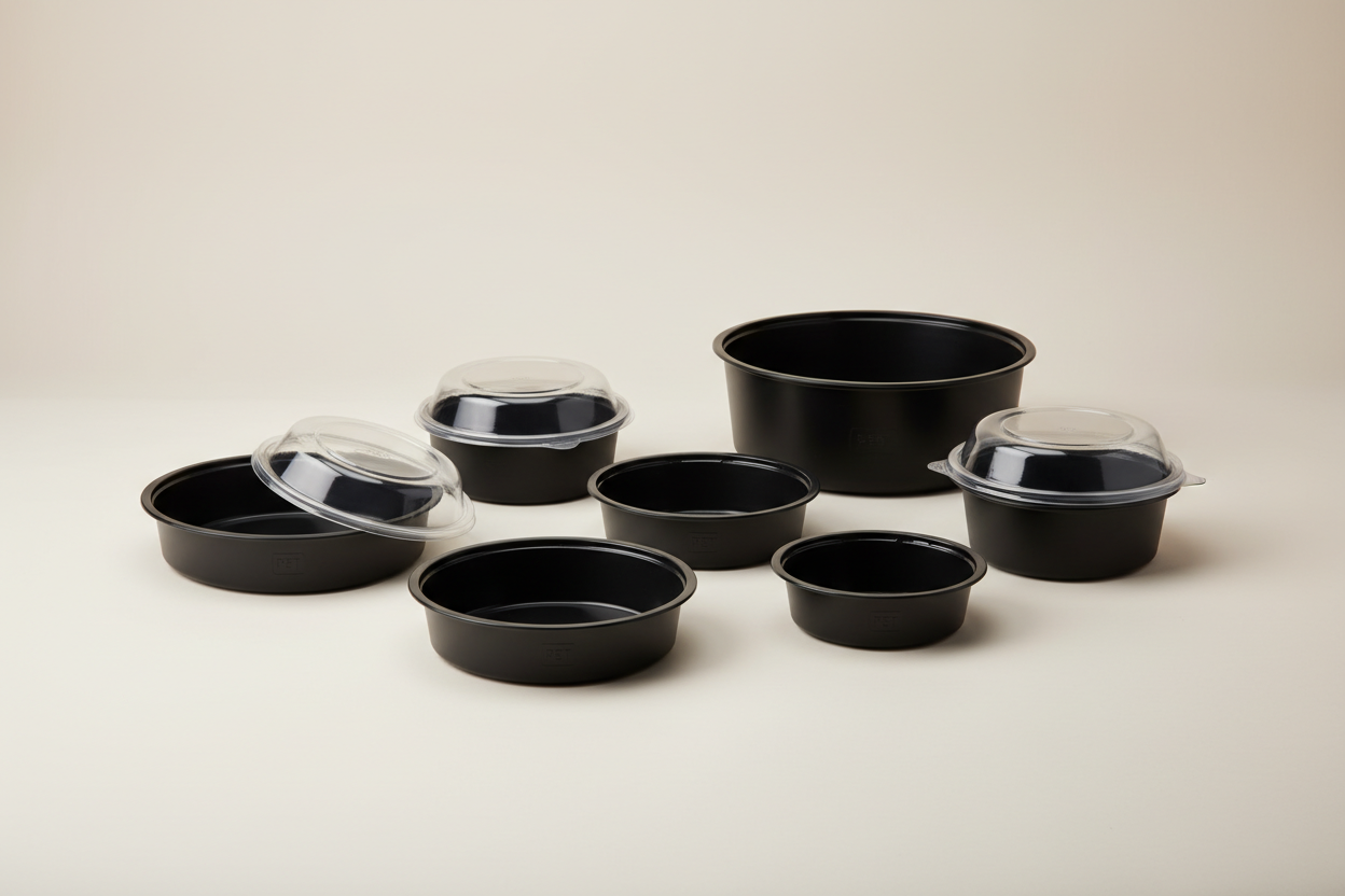 Round Black Base Bowls/Containers (PET) in studio background
