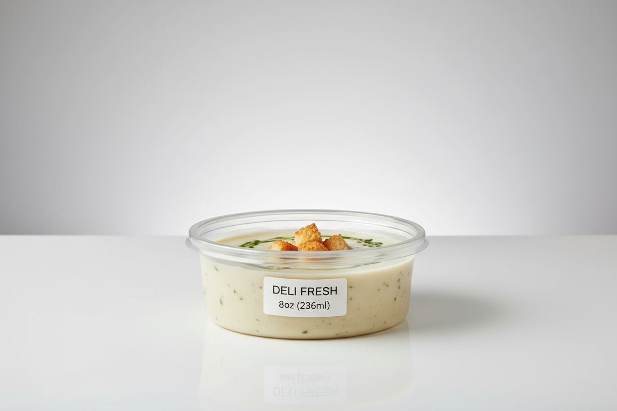 round container 8oz plastic takeaway in studio background