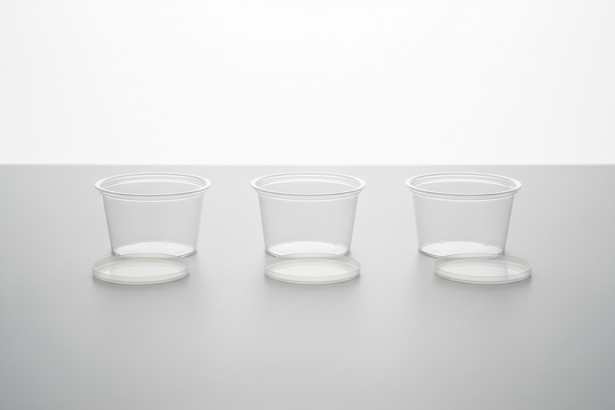 sauce cups lids separate not hinged 2oz plastic in studio background