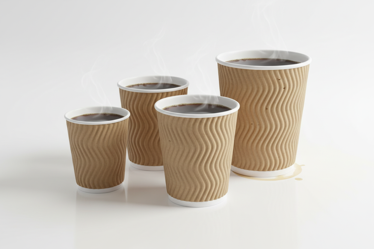 4 coffee cups in different size  with coffee inside rippled wall takeaway in studio background in square shaped