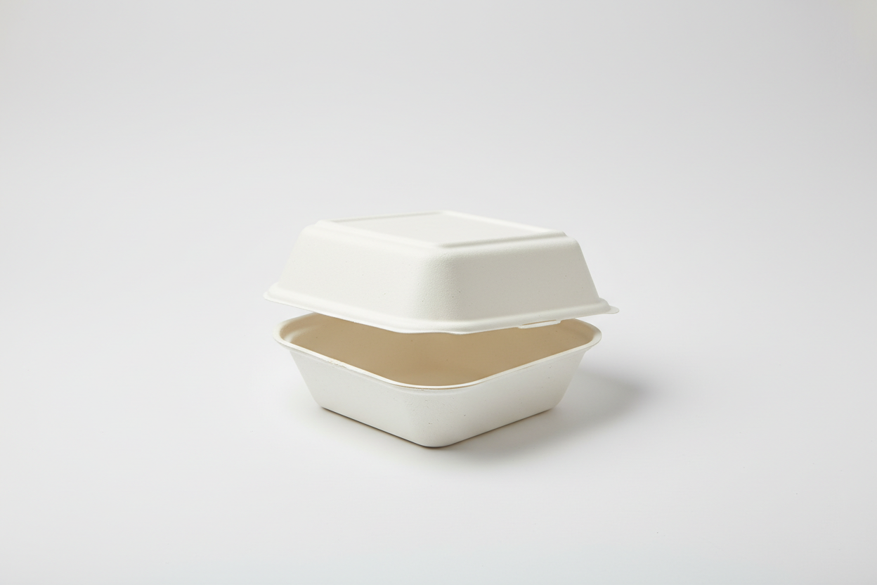 baggase white burger box plain 5x5 size in studio background