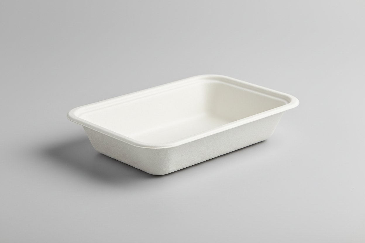 baggase white chip tray no lid takeaway rectangular shaped in studio background