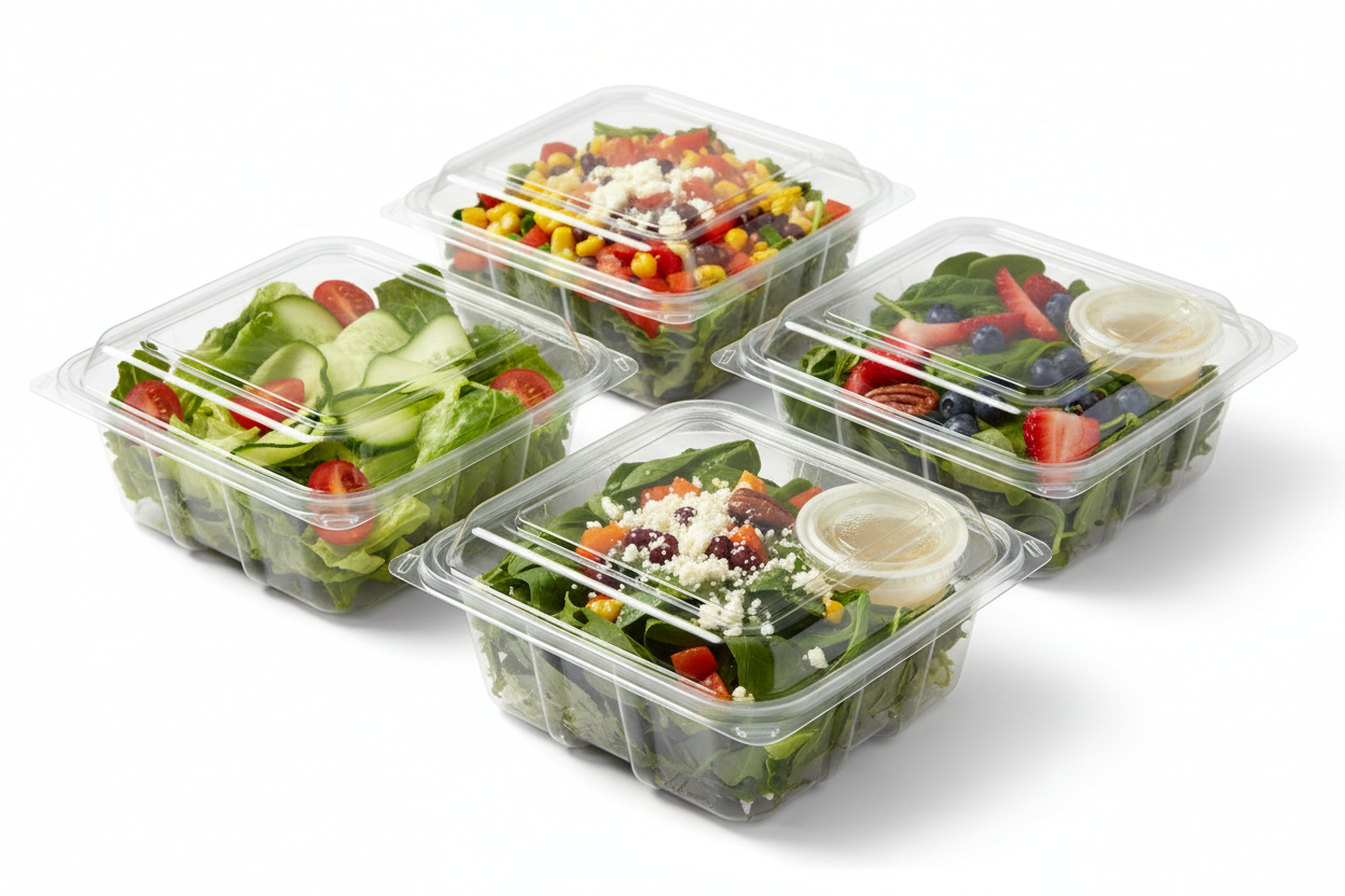 Clear Hinged Salad Containers (PET) with salad and with hinged 2-3