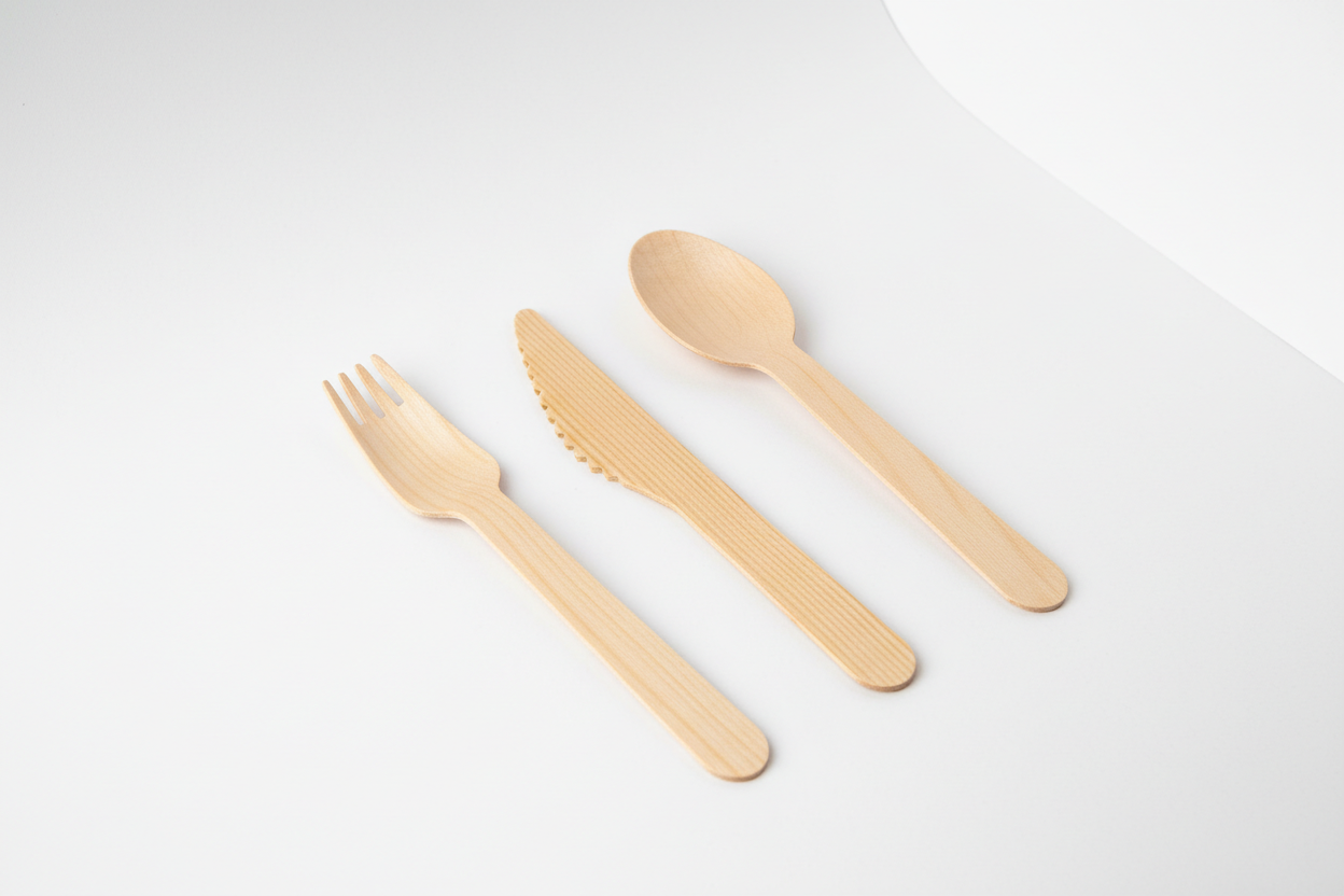 cutlery set wooden biodegredable and disposable in studio background