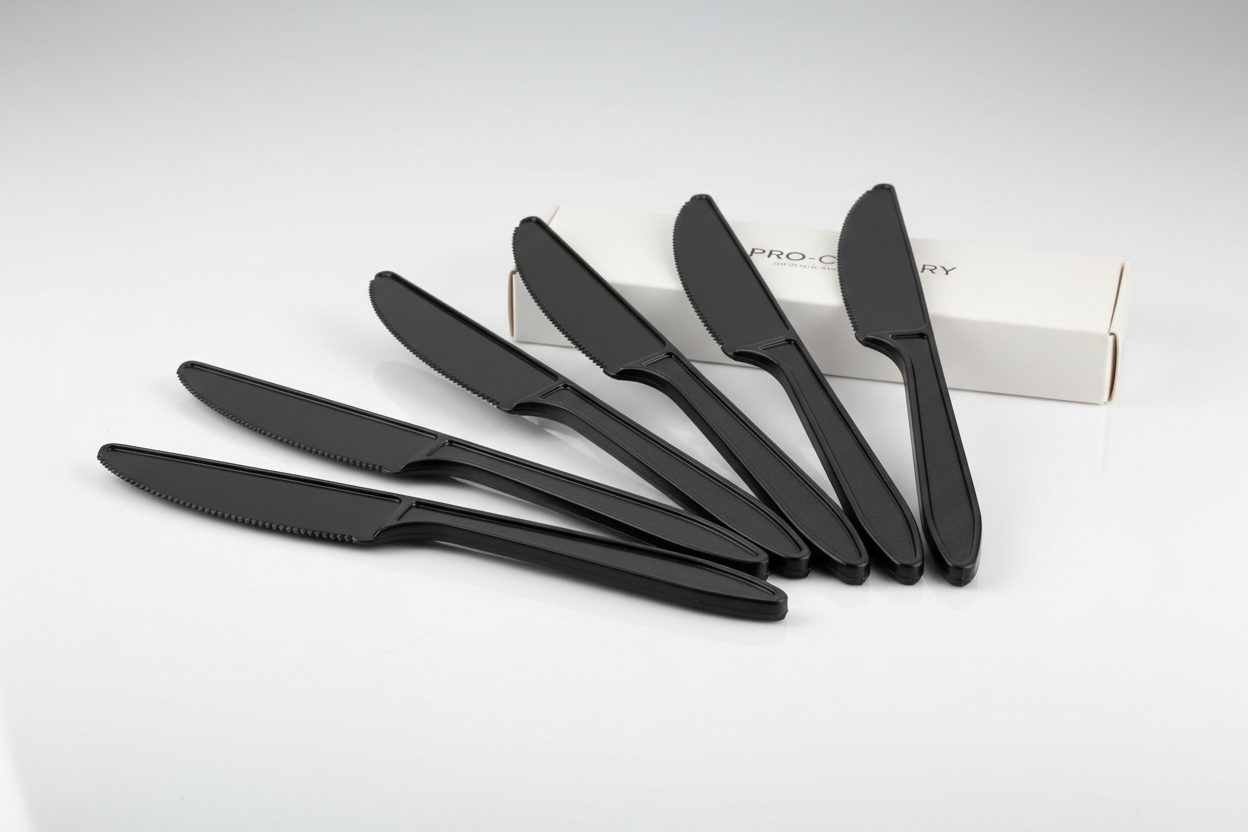 Heavy Duty Black Plastic Knives for restaurants take away in studio back ground
