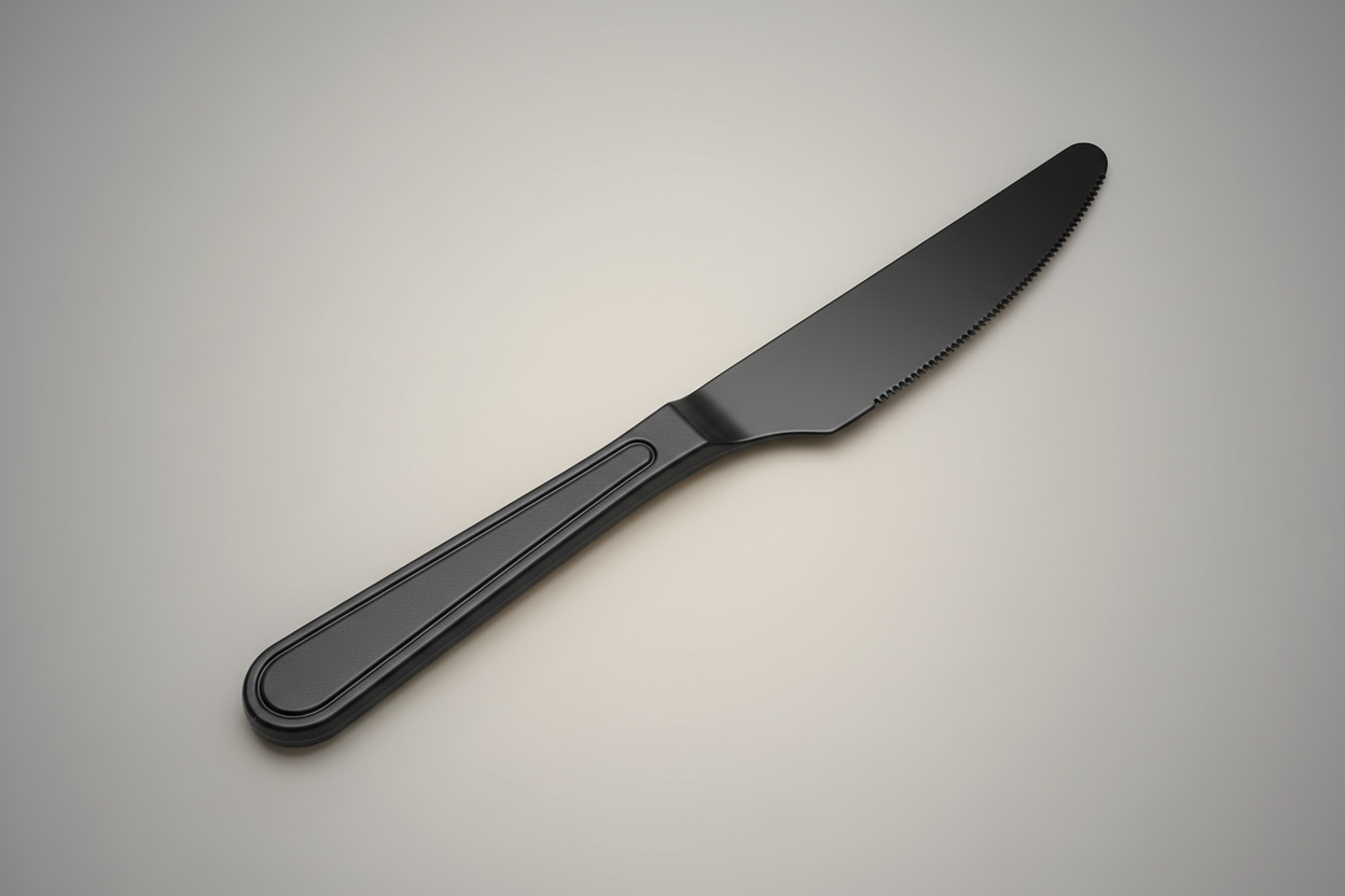 Heavy Duty Black Plastic Knives single for take away in studio back ground