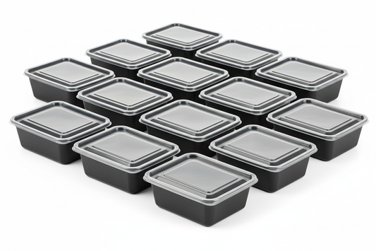 Heavy Duty Rectangular Black Base Containers plain for takeaway in studio background