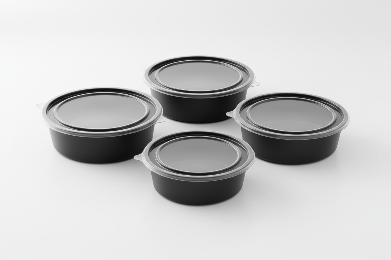 Heavy Duty Round Black Base Containers plain for takeaway in studio background