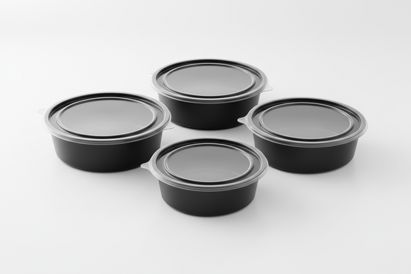 Heavy Duty Round Black Base Containers plain for takeaway in studio background