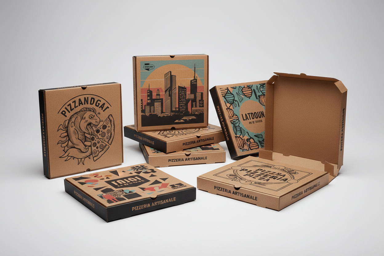 pizza boxes printed in studio background