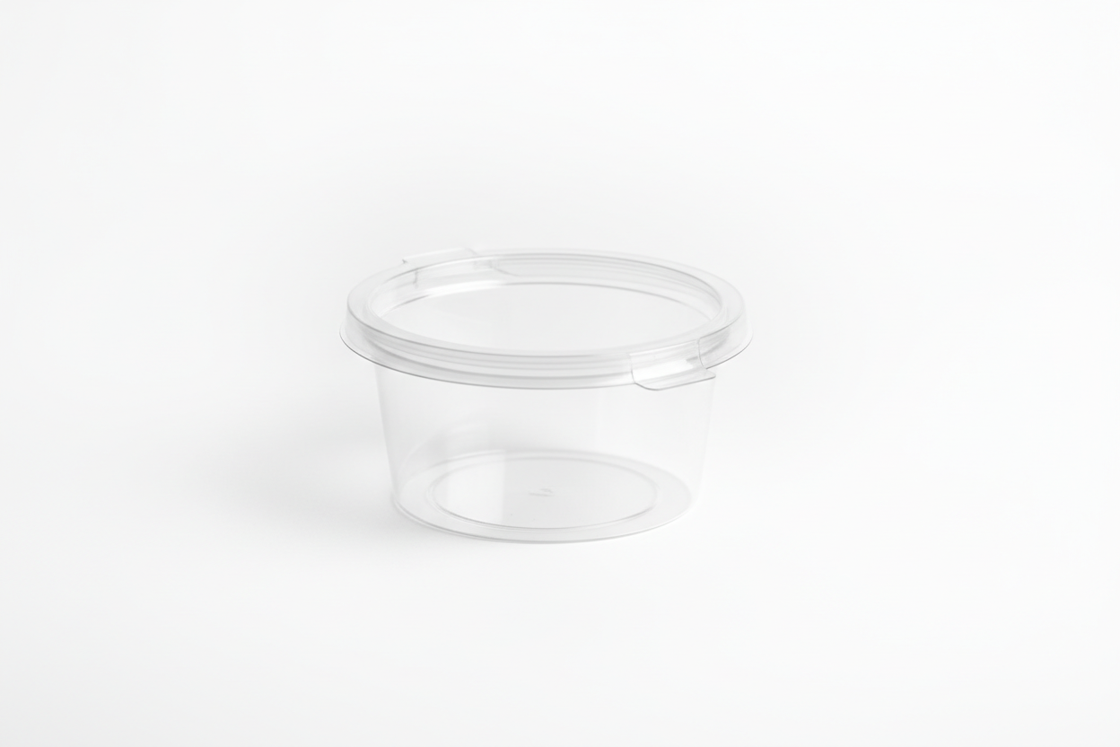 single sauce pots 2oz takeaway hinged plastic in studio background 