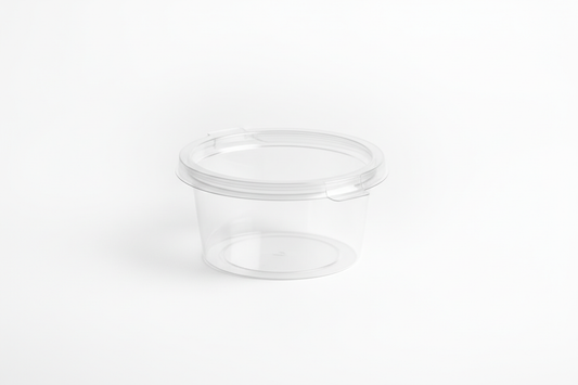 single sauce pots 2oz takeaway hinged plastic in studio background 